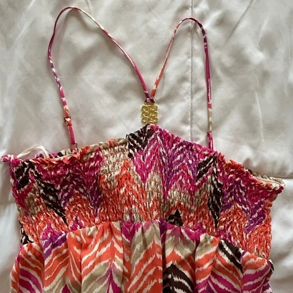 Trina Turk Silk Halter Ruched Maxi Dress Ruffle bottom NEW Size 12 - Picture 3 of 10